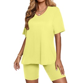 AGSEEM - Conjunto de dos piezas para mujer, cuello en V, playera de verano, pantalones cortos de motociclista, pantalones cortos de entrenamiento deportivo, Lemon Yellow, XXL