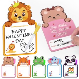 Valentines Day Gifts for Kids, 24 Pack Animal Doodle Boards with Marker, 6 Differents Animal Gifts Cards for Kids Classroom Exchange, Kids Valentines Day Gifts for School, Party Favors