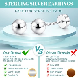 YADOCA 925 Sterling Silver Stud Earrings Set,Hypoallergenic Flat Back Earrings for Women Men ,White Gold 14K Gold Filled Ball Dot Cubic Zirconia Earrings Studs ,Nap Cartilage Earrings For Sensitive Ears 2/3/4/5mm