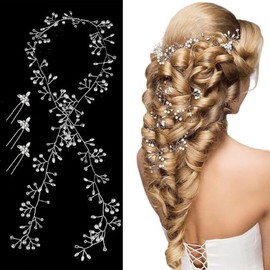 masoe Novia de la boda de cristal enredadera del pelo, Tocado de Novia, Equipado con 3 horquillas, Adecuado para mujeres y niñas (Plateado, 1M)
