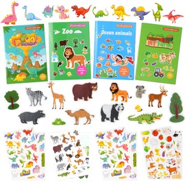 Vicloon Reusable Stickers, Reusable Stickers Zoo/Sea/Dinosaur/Farm Coloured Stickers, Toddler Stickers for Party Bags, Children's Birthday Party Favours (4 Sheets)