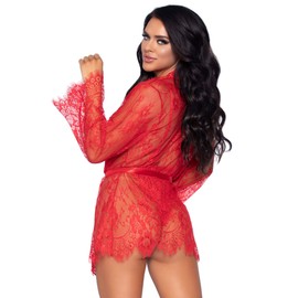 LEG AVENUE Floral Lace Bodysuit & Lace Robe Medium (Red) 150g
