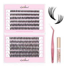 NATUHANA DIY Eyelash Extension Kit, 30P Volume Lash Cluster, 8-15 mm Mixed Tray, 0.07 mm, DIY Eyelash Extension, 240 Pieces Eyelash Cluster Kit with Eyelashes, Tweezers & Glue (30p-brown 8-15 Mix)