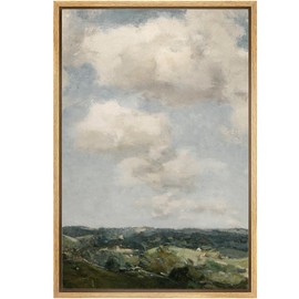 MUDECOR Framed Canvas Print Wall Art Rolling Clouds Over Green Fields Classic Landscape Illustrations Digital Art Decorative Bohemian Contemporary for Bedroom - 24"x36" Natural