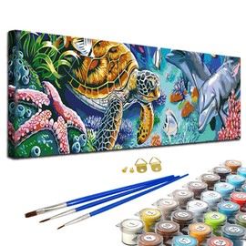 JATOK Paint by Numbers Adults, Paint by Numbers, DIY Sea Animals with Brushes and Acrylic Paints, Hand Painted Oil Painting Canvas for Home Decor, Without Frame (30 x 90 cm)