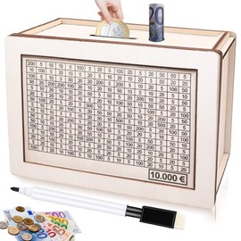 Wooden Money Box with Counter, Money Box with Goals with Savings Goals and Numbers to Tick, Vintage Money Box for Adults and Children with Savings Goal (€10000)