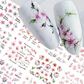 Pink Flower Nail Art Sticker Butterfly Sakura Designs Nail Decals Water Transfer Nail Art Supplies Spring Nail DIY Decorations for Women Girls 12 Sheets