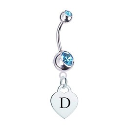 Letter D Silver Heart with Light Blue CZ Crystal Silver Belly Button Ring