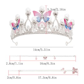 Zliger Crown Butterfly Girls' Headpiece Silver, Princess Butterfly Crown Bridal Headpiece with Necklace Bracelet and Earrings for Cosplay Birthday Party Holiday Party Gift, Non-Precious Metal,