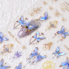 2 Sheets Butterfly Nail Art Stickers, 5D Embossed Aurora Butterfly Nail Decals, Pink Blue Butterfly Nail Charms for Nail Art Decoration Design