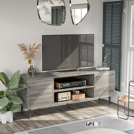 JUMMICO TV Stand for 65 Inch TV, Modern Entertainment Center with Storage Cabinet and Open Shelves, TV Console Table Media Cabinet for Living Room, Bedroom and Office (White and Oak) - Colour: Light Gray