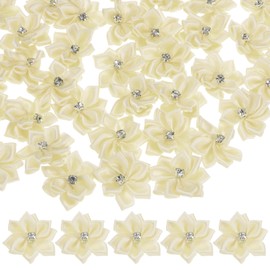 M METERXITY 200-Pack Satin Ribbon Flowers, 1.2 Inch Mini Fabric Flowers with Rhinestones Flower Ribbon Appliques for Crafts DIY/Wedding/Ornament/Party/Home [Beige White]