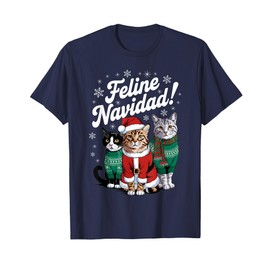 Feline Navidad Funny Cat Christmas Holiday Xmas Santa Hat T-Shirt for Men Women Kids