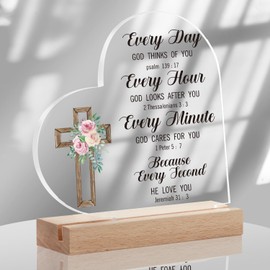 Religious Gifts for Women Men, Inspirational Quotes with Bible Verses, Scripture Heart Shaped Acrylic Plaque With Wooden Base, Everyday God Think of You, Religious Gift for Boy Girl Mom Sister Friends