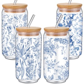 Cunhill 4 Set Glass Cups with Lids and Straws 16 oz Iced Coffee Cups with Lids Blue and White Flower Tumblers for Birthday Wedding Party Gifts Include 4 Cleaning Brushes