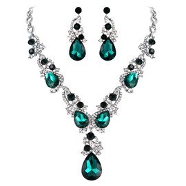 BriLove Wedding Bridal Necklace Earrings Jewelry Set for Women Multi Teardrop Cluster Crystal Statement Necklace Dangle Earrings Set Emerald Color Silver-Tone