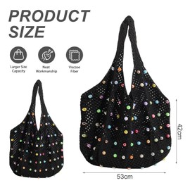 FloralGrace 1 x Boho Crochet Beach Tote Shoulder Bag with Colourful Beads, Woven Bag, Handbag, Colourful Hippie Crochet Bag, Beach Bag for Women, black, L