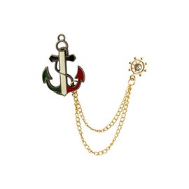 Knighthood Red White and Green Anchor with Golden Wheel Chain and Stone Details Brooch Lapel Pin, Metal