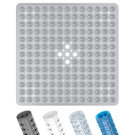 AUNEK Shower Mat Non Slip Square 53x53 cm, Anti Mould Bathroom Mat with Strong Suction Grips & Drain Holes, Non Slip Machine Washable Soft Rubber Bath Tub Shower Mats for Safety and Comfort (Grey)