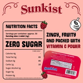 Sunkist Sours Raspberry Lemonade Candy | Sugar Free, Natural Fruit Flavor, 100% of Daily Vitamin C | Kosher Certified, Vegan, Gluten Free | Aspartame & Xylitol Free | 50 Count Tin (Pack of 6)