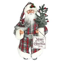 16" Standing Plaid Santa "Merry Christmas To All" Figure with Reindeer and Tree