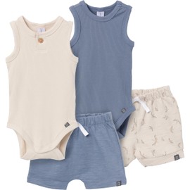 Modern Moments by Gerber Baby Boys' Ribbed 4-Piece Sleevless Bodysuit & French Terry Short Set, Tan/Blue, 12 Months