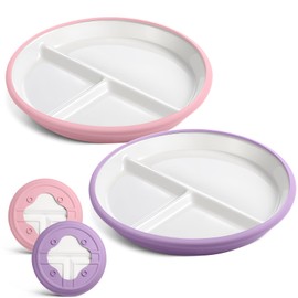 Domensi 2 Pack 8" Large Kids Porcelain Plates with Anti Slip Silicone Sleeves Divided Porcelain Plates Microwave Dishwasher Safe for Toddlers Baby Kids Eating (Pink,Purple)