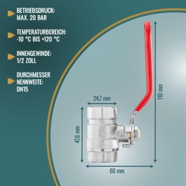 Poppstar Kugelhahn, 1/2" Innengwinde/Innengewinde (18,64mm / 18,64mm), DN15, Messing, voller Durchgang, Hebelgriff
