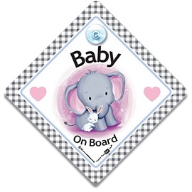 Baby Elephant and Rabbit On Board Car Sign, Baby On Board Sign, Grandchild On Board, Designed to Let Other Road Users a Child is in The Car, 14 cm x 14cm x 2cm