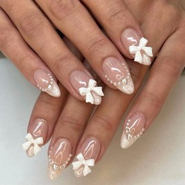 Medium Press on Nails Almond Glue on Nails 3D White Bow Pearls Fake Nails French Designs Acrylic Nails Translucent Artificial Nails Cute Glossy Stick on Stiletto Nails for Women 24 Pcs