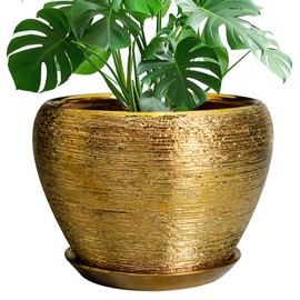 Ceramicfor Ceramic Planter 10 Inch - Indoor Plant Pot with Drainage Hole and Saucer Large Decorative Planter Mid-Century Modern Flower Pot Outdoor for Home Decor Gold