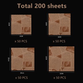 200 PCS Greaseproof Paper Sheets, 4 Sizes Burger Wrapping Oil Proof Papers, Old Newspaper Printing Style Baking Food Wrapping Paper, Good Ideal for Cheese Bread Sandwich Fries (22cm, 20cm, 18cm, 15cm)