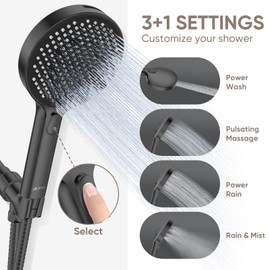 LEIVI High Pressure Shower Head, 4-mode Handheld Showerheads with 70 Inch Stainless Steel Hose, Built-in Power Wash to Clean Tub, Tile & Pets, Anti-clog Nozzles, Adjustable Bracket, Black