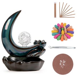 Waterfall Incense Burner, Backflow Incense Burner, Ceramic Incense Holder with 50 Incense Cones Waterfall + 30 Incense Sticks + 1 Tweezers + 1 Mat + 1 Glass Beads (Green)