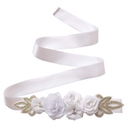 Kumeng Sash Belt with Flowers Pearls Rhinestone for Wedding Bride/Baby Shower Dress Flower Girls Sash Belt Headband Set, 1-white, Medium