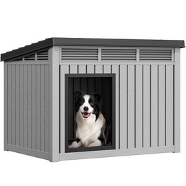 YITAHOME Plastic Dog House, Indoor & Outdoor Dog Kennel with Lift-Up Sloping Roof, Waterproof & Ventilated for Small to Medium Dogs, Easy to Clean Design, Gray