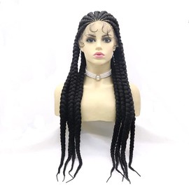 Xiweiya Hand-Braided Full 360 Crochet Lace Frontal 9x Twist Braids Wigs with Baby Hair for Black Women 100% Black Synthetic Lightweight Hand-Tied Lace Front Box Braided Wig