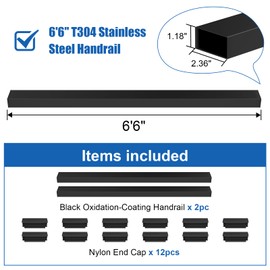 CKE 2 Pack 6'6" Stainless Steel Black Rectangular Handrail for Indoor Outdoor Deck Stair, Flat Top Rail Cable Railing System with Nylon End Caps, Durable and Stylish Handrail for DIY Balustrade HT01