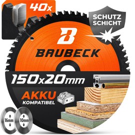 BAUBECK Cordless Saw Blade 150 x 20 Including 16 mm/10 mm Reducing Rings - Multi Material Fine Cut - Circular Saw Blade 150 x 20 for Wood, Aluminium, Metal and Many More - Circular Saw Blade 150 x 16