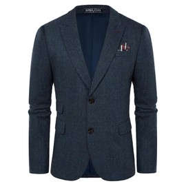 Men's Irish Tweed Wool Blend Blazer Peak Lapel Business Herringbone Tweed Sport Coat Wedding Dark Blue Herringbone L