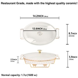 jinsongdafa Ceramic Casserole Dish with Glass Lid and rack, 54 ounce Serving Soup Tureen,Chafing Dish for Buffet, Family Food preserve Tray, Catering Casserole for Party Style, White 14.2 Inch Oval