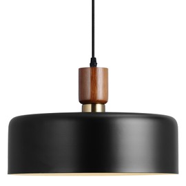 Eustace 13.8 inch Large Pendant Light, Adjustable Metal Chandelier with Solid Wood and Brass Accent, Modern Hanging Light Fixtures for Kitchen Island, Bar, Dining Room, Bedroom, Living Room