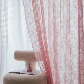 Sutuo Home - Juego de 2 paneles de cortinas de encaje rosa de 96 pulgadas de largo, color rubor, flores transparentes, paneles de gasa clásico, par de tratamiento para recámara, sala de estar/cocina,