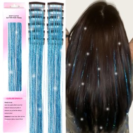 USHUIUS Hair Tinsel Clip in 12Pcs Hair Tinsel Clips Glitter Tinsel Hair Extensions Clip in Hair Tinsel Fairy Hair Tinsel Heat Resistant Sparkly Hair Accessories for Girls Women Kids (12Pcs SKY BLUE)