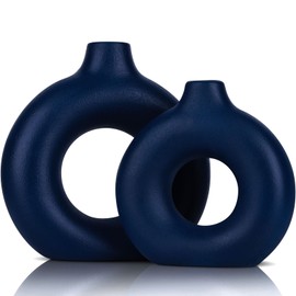 Modern Blue Ceramic Vase Set of 2 - Decorative Circular Blue Vases for Centerpieces, Farmhouse and Home Decor - Ideal for Living Room, Kitchen, Bedroom, Dining Table and Office Decor