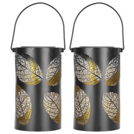 2Pcs Solar Hanging Lamp Wrought Iron Hollow LED Light for Garden Courtyard Terrace Decor Black