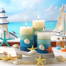 Threlaco 3 Pack Ocean Breeze Pillar Candles with Shell Blue Candle Beach Scented Layered Coastal Decoration Clean Burning Long Lasting Candles for Home Party Room Ocean Bathroom Decor, 3 Size