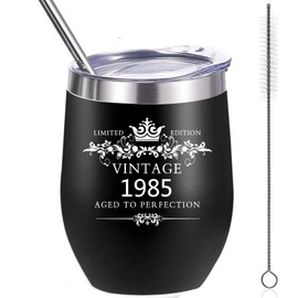 COFOZA 1985 40th Birthday Gifts for Man Woman 12 Ounce Stainless Steel Wine Tumbler Vacuum Insulated Cup 40 Years Birthday Anniversary Present with Sliding Lid Straw and Brush (Black)