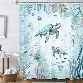 Hjokiupt Sea Turtle Shower Curtain for Bathroom, Teal Blue Ocean Beach Coastal Decor Bath Curtains, Funny Animal Nautical Starfish Fish Waterproof Fabric Shower Curtain Sets 72x72in with Hooks