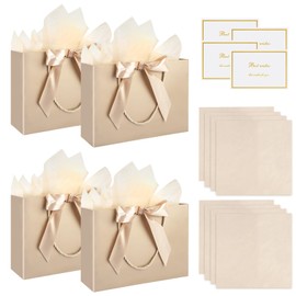 GHVACZS Pack of 4 Gift Bags, Gift Bag with Ribbons + Greeting Cards + Handkerchiefs, Gift Bag, Suitable for Birthdays, Weddings, Celebrations (Champagne)